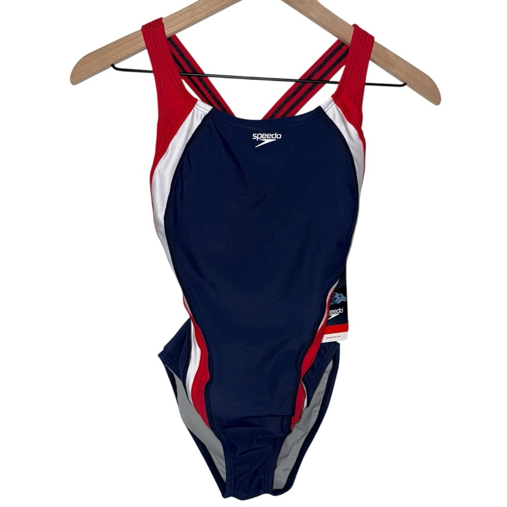 NWT Speedo One Piece Swimsuit‎ UPF 50 Protection Red White Blue Hydro Bra size 6